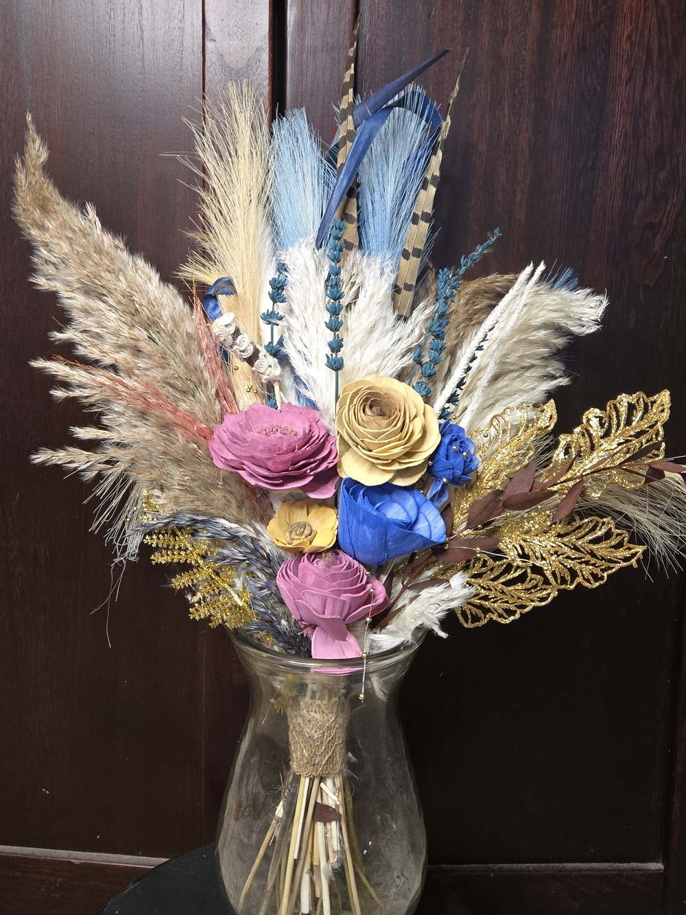 Handmade Sola Wood Flower & Dried Floral Bouquet – Blue Pink Gold Boho Decor